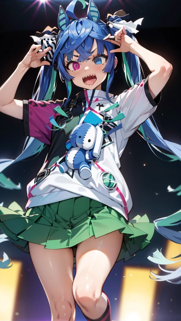 (​masterpiece,top-quality,hight resolution,Unity 8k,extremely details CG,Best Picture),Color illustration in the style of asanagi,(((kawaii))),live stage,perfect lighting,Tongue out,Twin_Turbo_Umamusume,(aqua hair, twintails, Uniform, stuffed toy, stuffed animal, green skirt, bag, teddy bear, heterochromia, purple eyes, blue eyes, sharp teeth),Yelling into the microphone,Bring your face closer to me, noise removal,