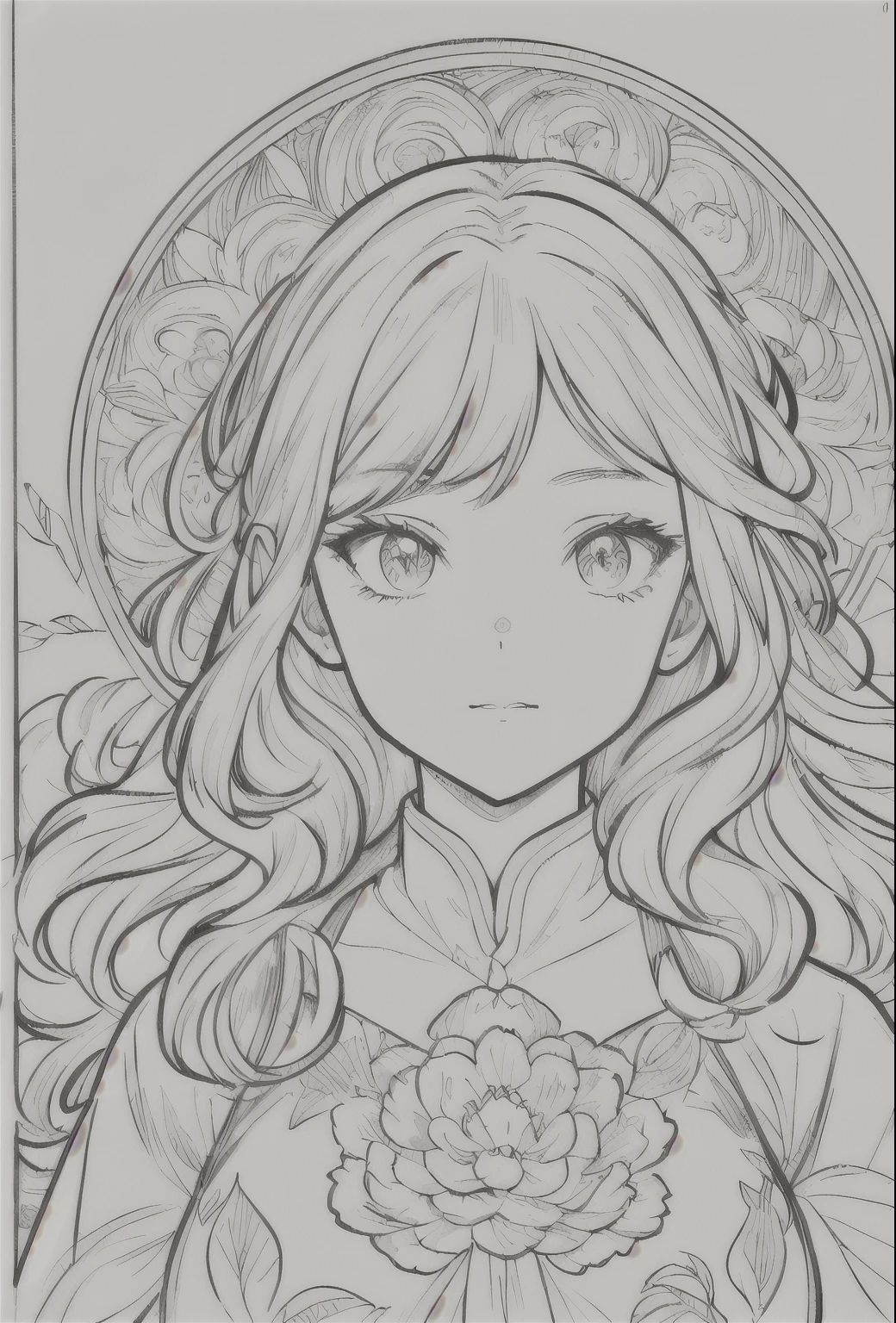 European woman face portrait、Long Curly Hair、blonde、Floral frame、Decorative panel、Abstract Art of Alphonse Mucha、sketch、Character Line、Scenes without color or shadows。 (masterpiece、Highest quality、High resolution:1.4)、detailed、複雑なdetailed、4K、Splashes of color、Line art、Fibonacci、Coloring page, 非常にdetailedなイラスト, 非常にdetailedなLine art, Very fine line work, 非常にdetailedな肖像画, Extremely fine line work, 非常にdetailedなLine art, 非常にdetailedな図面, Line artぬり絵, 非常にdetailedなイラスト.", 非常にdetailedな肖像画, 非常にdetailedなイラスト, 非常にdetailedなアートワーク, detailedなデジタル図面