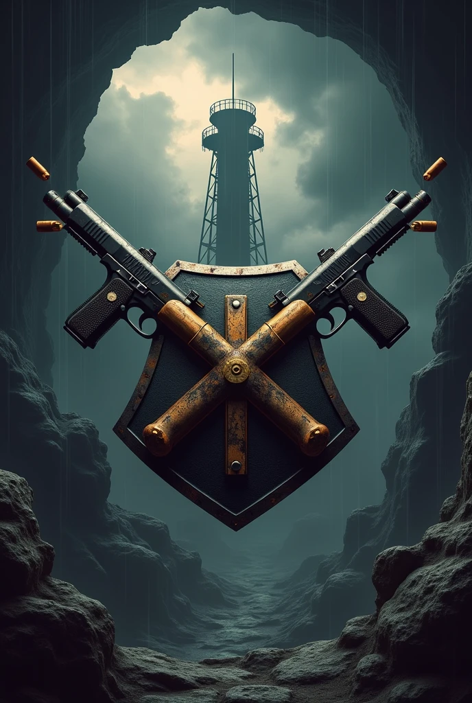 create logo with deep cave in cloud in apocalyptic, double pistol on shield  ,three bullet on air , shield with sign of gun , observation tower behind , masterpiece , 4k, High resolution , in one shot, photorealism:1.2 , half background, shot in circle with cloudy raining, cycle in cave entrance