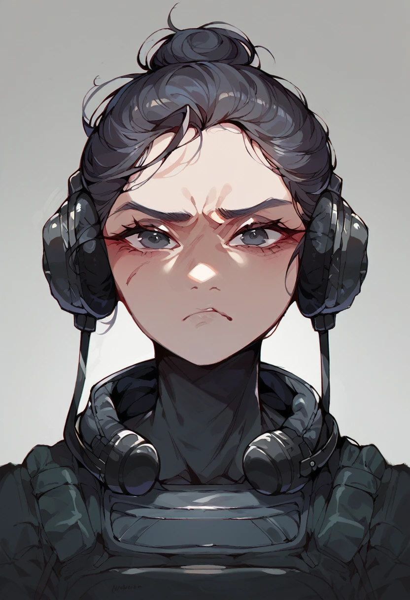 score_9,score_8_up,score_7_up, neck hold pov, asian older woman Special Ops in black tight tactical stealth suit, slight wrinkles. headphones, serious expression, shushing, one messy bun with dark greying hair, grey eyes, empty dark millitary base,