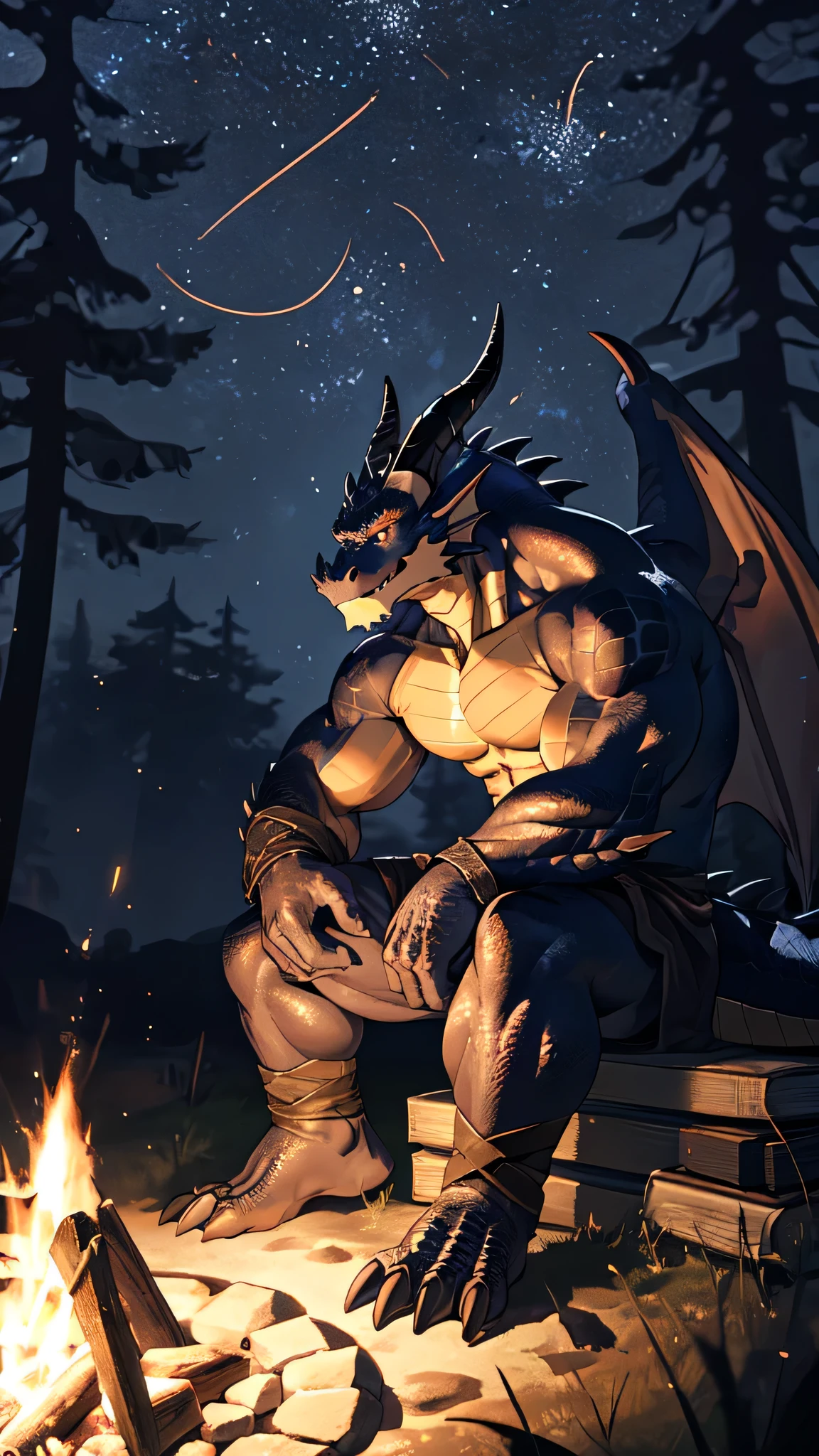 solo, kemono, (dragon), anthro, male, ((black body)), scales, tail, muscles, ((muscular)), handsome, medieval, fantasy, outdoors, outside, dark, night, forest, campfire, camp, stars, sitting, toe claws, epic, depth of field, perfect lighting, (light particles),(best quality),(masterpiece),(ultra detailed),sharp focus,light particles 