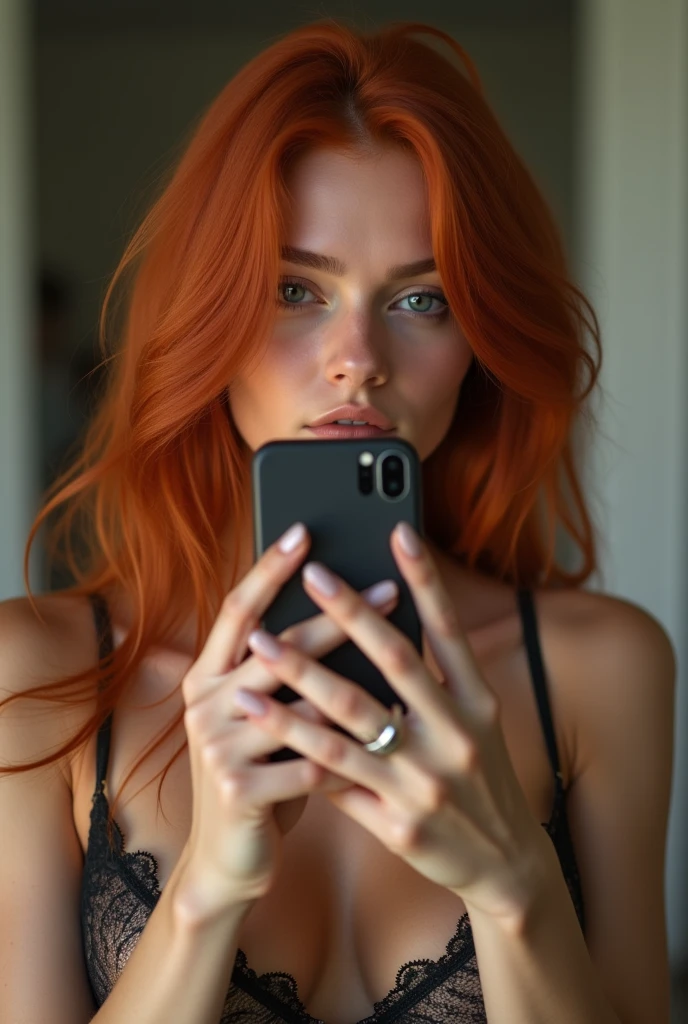 Beautiful redhead woman taking selfie with her phone in front of the mirror, lingerie sensual, ultra detailed image, picture in 8k, 4K, sharp lines, attractive colors, detailedeyes, face detailed, detailedeyes e sedutores, seductive look, playing with a strand of her hair, nsfw.
