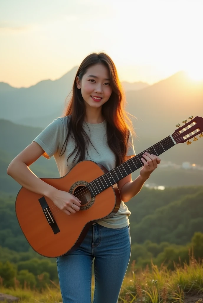 Best quality,24 year old beautiful korean woman, pretty face,senyum tipis.rambut panjang, wearing a fashion t-shirt, celana jins panjang.and play folk guitar. standing on the top of the mountain.
INFORMATION