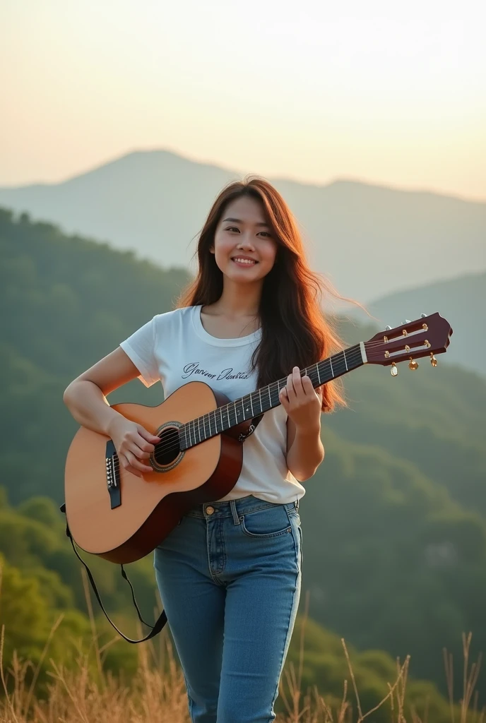 Best quality,24 year old beautiful korean woman, pretty face,senyum tipis.rambut panjang, wearing a fashion t-shirt, celana jins panjang.and play folk guitar. standing on the top of the mountain.

INFORMATION
