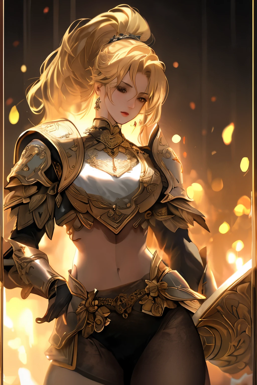 ((best quality)), ((Masterpiece)), (details:1.4), 3d, HDR (high dynamic range), amature woman, Blonde hair, High Ponytail, Red eyes, hips up จมูกโด่ง, ปากแดง, หน้าอกใหญ่, nvidia RTX, PBR surface, After processing, Anisotropic filtration,depth of field, Maximum clarity and clarity, multi-layered surface, Subsurface scattering, perfect proportions, 8K raw files, ultra detailed, Unreal 5, Perfect proportions, Octane Render, Wide aperture, Low ISO, Berserker, Berserker Armor, jewely, ต่างหู