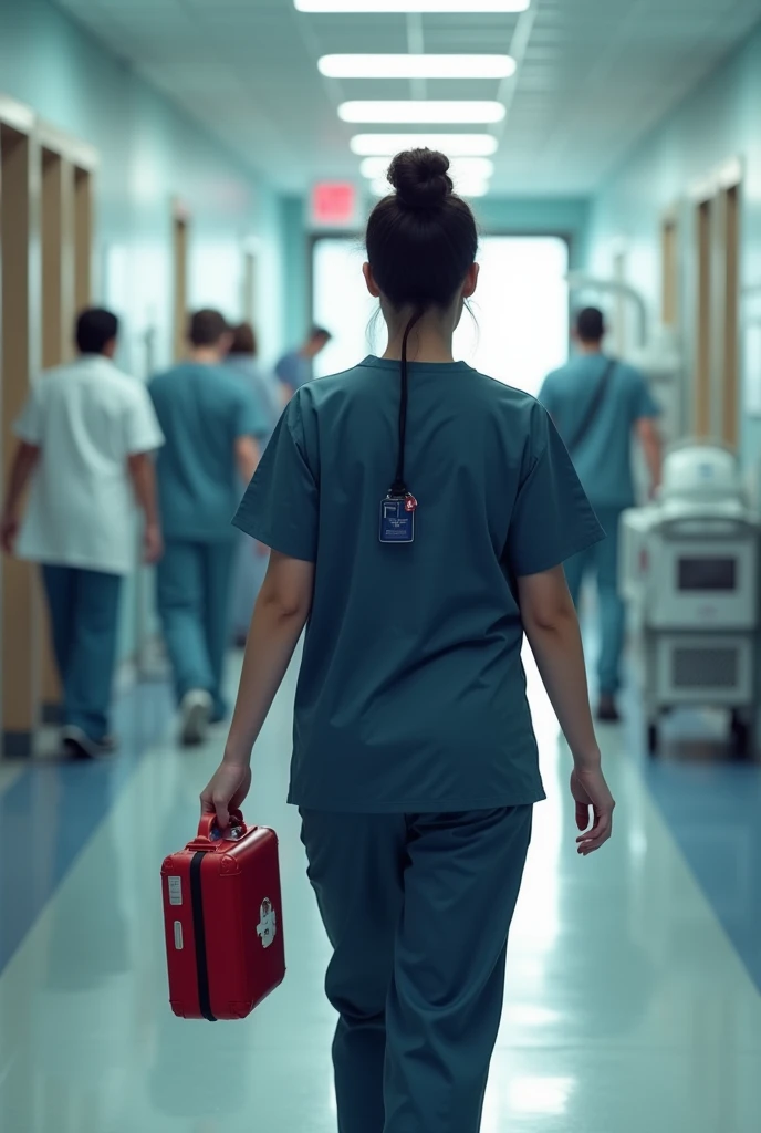 Medical staff carrying first aid kit, back turned