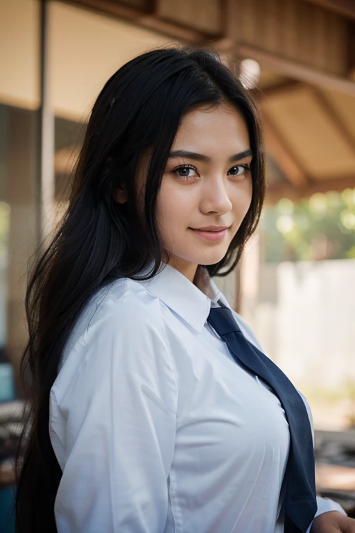 (Masterpiece),(The complexity),(Realistic),Portrait of a woman,18 years old,Thai Faces,Beautifully detailed,long black hair,Big beautiful eyes,Blue eyes,smiling,be happy,(wearing a long-sleeved white shirt and a blue tie),wearing a blue student ID card,looking at people's faces,(through a computer),In a computer room,Warm sunshine,weak sunlight,professional photographer in taking detailed photos of a young woman, Have clarity, dtamatic ,won,Cinematic lighting,(film grain,blurred background,Blurred background),