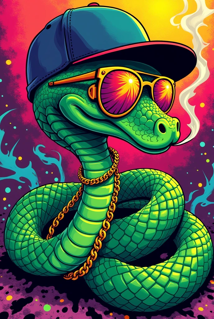 ((drawing)), ((comic art)) a cool snake with golden chains on, a cap and sunglasses. The snake is smoking 