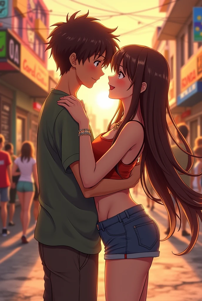 Boy with big, long brown hair, standing hugging a sexy sensual girl in shorts and a cropped top with long brown hair and long anime bangs standing adults