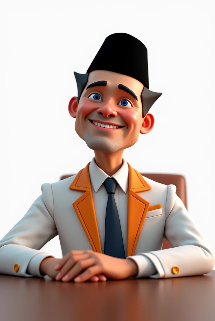 Very realistic 3d caricatures & cartoons. a 40 year old Indonesian man, tall, handsome, white,
faint smile.  wearing a white jacket with orange stripes. body position is clearly visible. white background. use soft photographic lighting with top lights.very high detail photo Very realistic and high resolution portrait of a charismatic and super handsome politician, sitting confidently at his office desk in a narrative position. The Muslim politician wore a black cap on his head. The politician has a strong, sharp jaw and piercing blue eyes. His broad shoulders stand out against his white suit with orange stripes, giving off a strong yet approachable impression. He wore a neat shirt and stylish tie that complemented his well-built physique. His posture was relaxed but dignified, with one hand resting on the table. His expression is confident and warm, with a hint of a reassuring smile that conveys confidence and professionalism