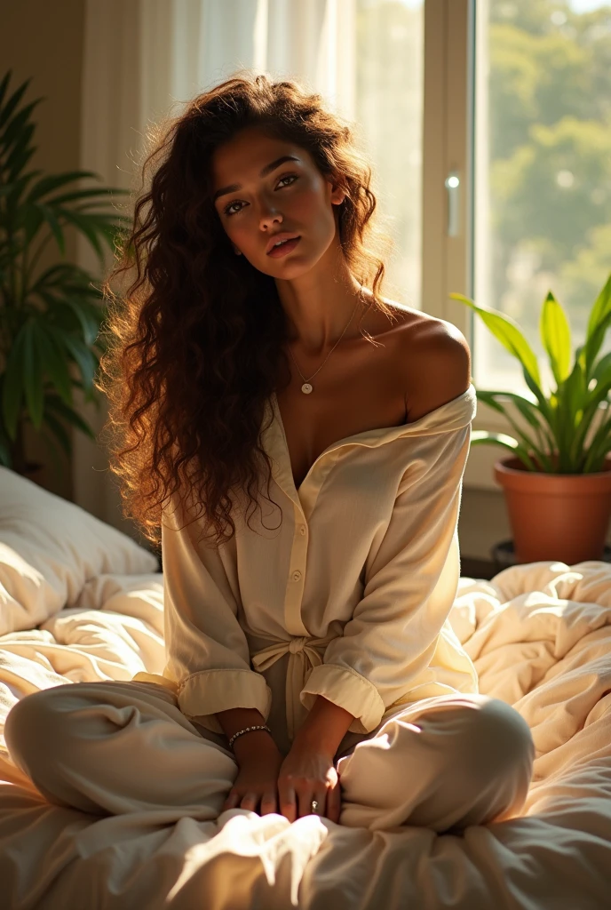 (photorealism:1.2), beautiful woman, sitting on bed, wearing loose off-shoulder top, pajama pants, long curly hair, indoors, soft lighting, plants in background, window with sunlight, cozy room, relaxed pose, realistic, intricate details, warm colors, by Greg Rutkowski, by Alphonse Mucha
