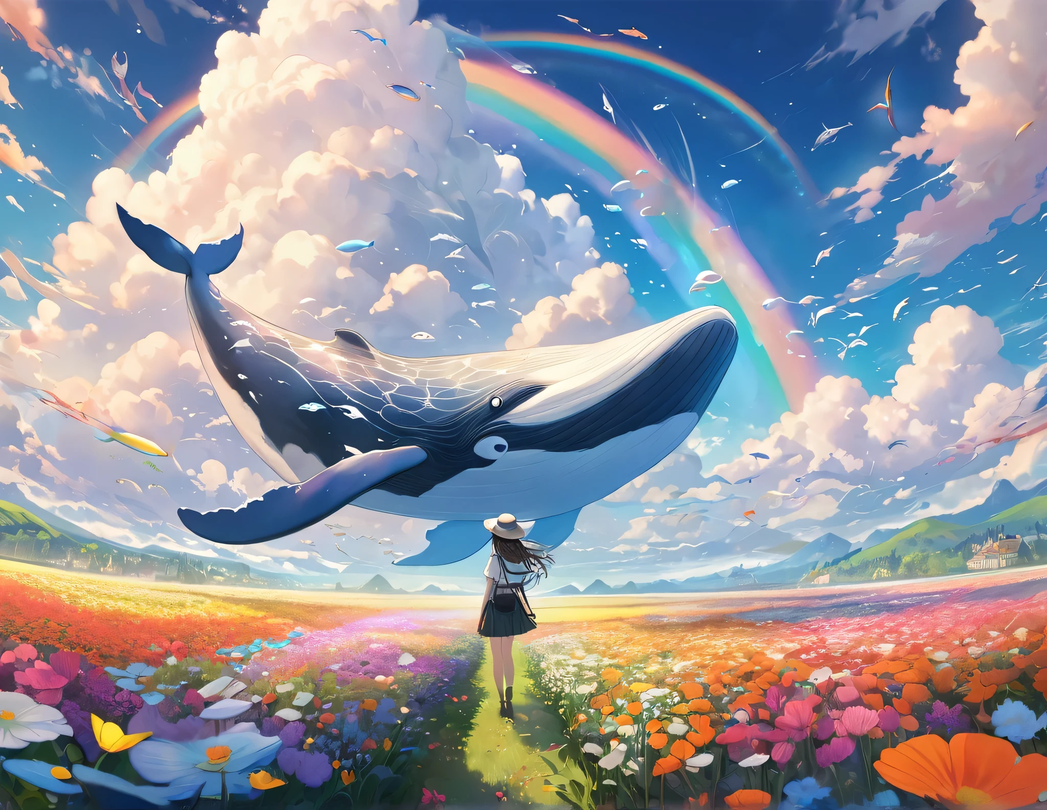 (masterpiece, Highest quality:1.2), One girl, alone, flower field, big clouds, shapes in clouds, cloudy fishs, rainbow, fish shape in clouds, 8k resolution, whale of clouds, dusty