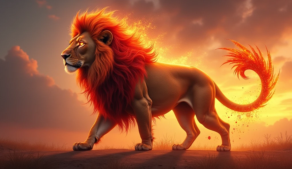 A majestic lion fused with a fiery phoenix, showcasing the union of regal strength and mythical power. The fusion boasts a mane of shimmering gold and ruby feathers, as its eyes blaze with otherworldly fire. This extraordinary creature is depicted in a stunning digital painting, with vibrant colors and intricate details that bring it to life. The image is a breathtaking display of imagination and artistic skill, capturing the essence of both creatures in a mesmerizing way.
