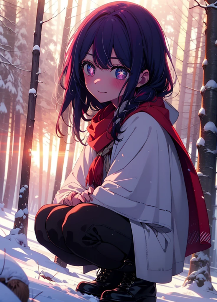 aihoshino, Ai Hoshino, Long Hair, bangs, (Purple eyes:1.1), Purple Hair, (Symbol-shaped pupil:1.5), smile,,smile,blush,white breath,
Open your mouth,snow,Ground bonfire, Outdoor, boots, snowing, From the side, wood, suitcase, Cape, Blurred, , forest, White handbag, nature, Squat, Mouth closed, Cape, winter, Written boundary depth, Black shoes, red Cape break looking at viewer, Upper Body, whole body, break Outdoor, forest, nature, break (masterpiece:1.2), Highest quality, High resolution, unity 8k wallpaper, (shape:0.8), (Beautiful and beautiful eyes:1.6), Highly detailed face, Perfect lighting, Extremely detailed CG, (Perfect hands, Perfect Anatomy),