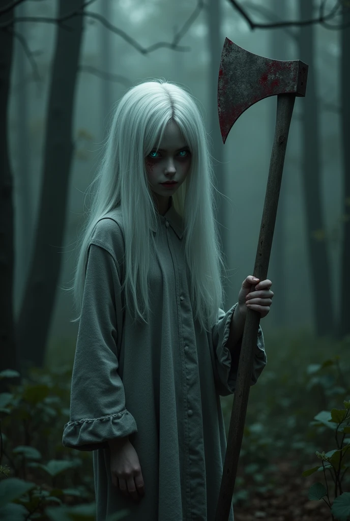 Create a surreal and psychologically unsettling creature that instills fear not because it is terrifying, but due to its uncanny appearance. The creature has the body of a very pale girl. The head should be unnervingly realistic, with vibrant, white hair and a slanted eyes that seem to watch with an almost sentient awareness. The body should be slightly distorted in a way that feels unnatural, adding to the discomfort. The creature body obscured by the shabby grey robe, should be slightly distorted in a way that feels unnatural, adding to the discomfort. The creature holds a giant bloody axe. The setting is an eerie, dimly lit forest where the creature is blending into the shadows, creating an unsettling atmosphere that plays on the viewer's mind