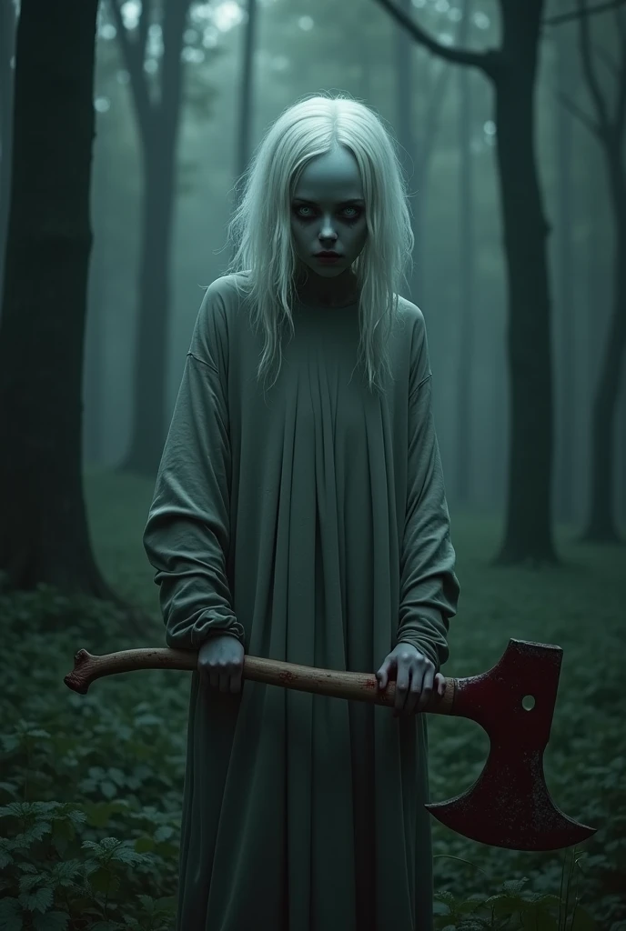 Create a surreal and psychologically unsettling creature that instills fear not because it is terrifying, but due to its uncanny appearance. The creature has the body of a very pale girl. The head should be unnervingly realistic, with vibrant, white hair and a slanted eyes that seem to watch with an almost sentient awareness. The body should be slightly distorted in a way that feels unnatural, adding to the discomfort. The creature body obscured by the shabby grey robe, should be slightly distorted in a way that feels unnatural, adding to the discomfort. The creature holds a giant bloody axe. The setting is an eerie, dimly lit forest where the creature is blending into the shadows, creating an unsettling atmosphere that plays on the viewer's mind