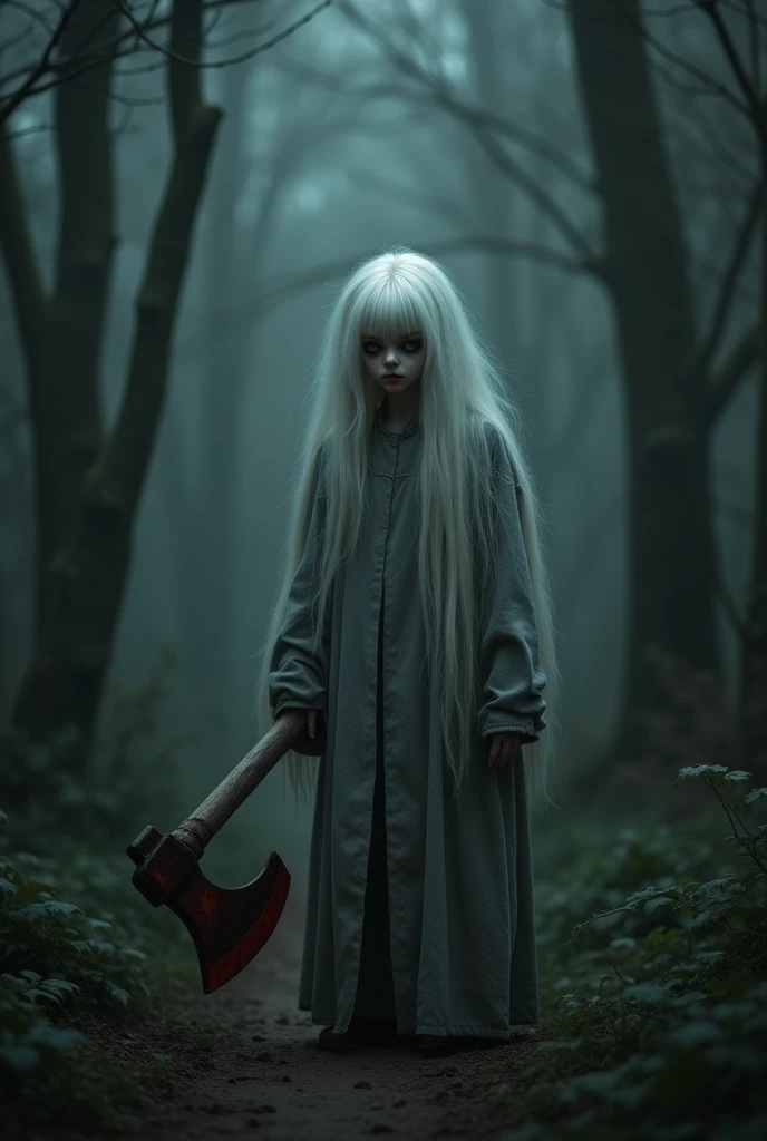 Create a surreal and psychologically unsettling creature that instills fear not because it is terrifying, but due to its uncanny appearance. The creature has the body of a very pale girl. The head should be unnervingly realistic, with vibrant, white hair and a slanted eyes that seem to watch with an almost sentient awareness. The body should be slightly distorted in a way that feels unnatural, adding to the discomfort. The creature body obscured by the shabby grey robe, should be slightly distorted in a way that feels unnatural, adding to the discomfort. The creature holds a giant bloody axe. The setting is an eerie, dimly lit forest where the creature is blending into the shadows, creating an unsettling atmosphere that plays on the viewer's mind