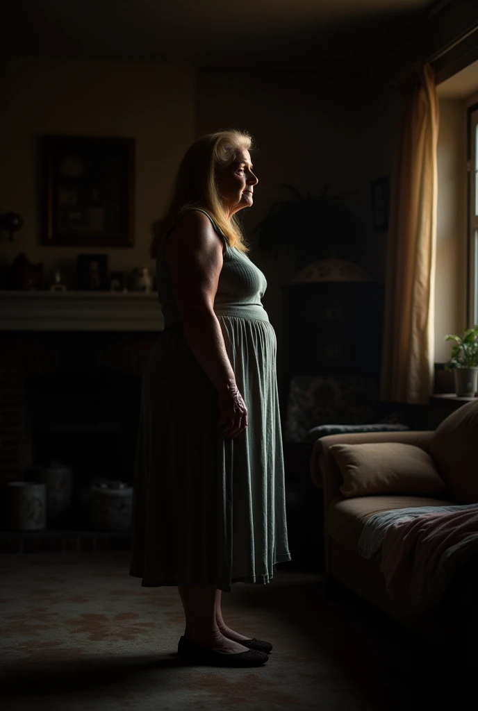 A 62-year-old elderly lady with an obese body and feminine features, shaved and with long, straight hair, is naked and standing in a dark, precarious living room.