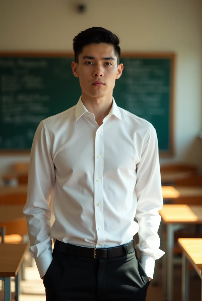 skinny man,white,short black hair, red eyelashes, blue eyes, white shirt, black school pants
