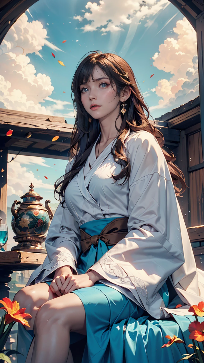 (Highest quality, masterpiece), Turquoise Screen Filter, (One person, alone, Brown robes, expression, look up, Sitting, Wide sleeves, Iris, Mouth closed, Long Hair, Cowboy Shot), (sunny, Cosmos field, cloud),