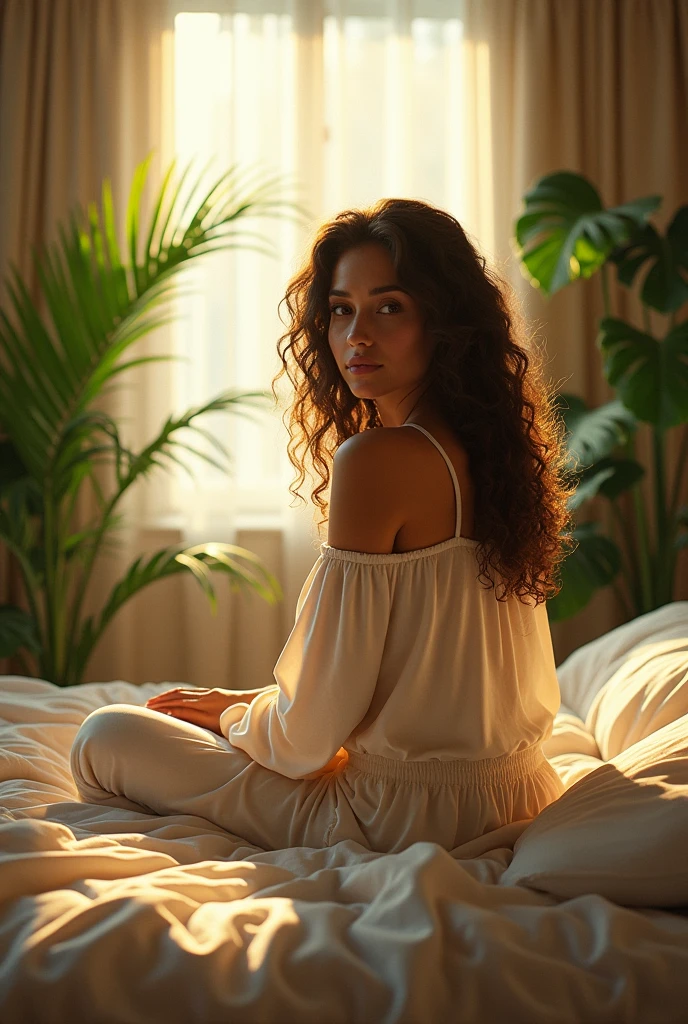 (photorealism:1.2), beautiful woman, sitting on bed, wearing loose off-shoulder top, pajama pants, long curly hair, indoors, soft lighting, plants in background, window with sunlight, cozy room, relaxed pose, realistic, intricate details, warm colors, by Greg Rutkowski, by Alphonse Mucha