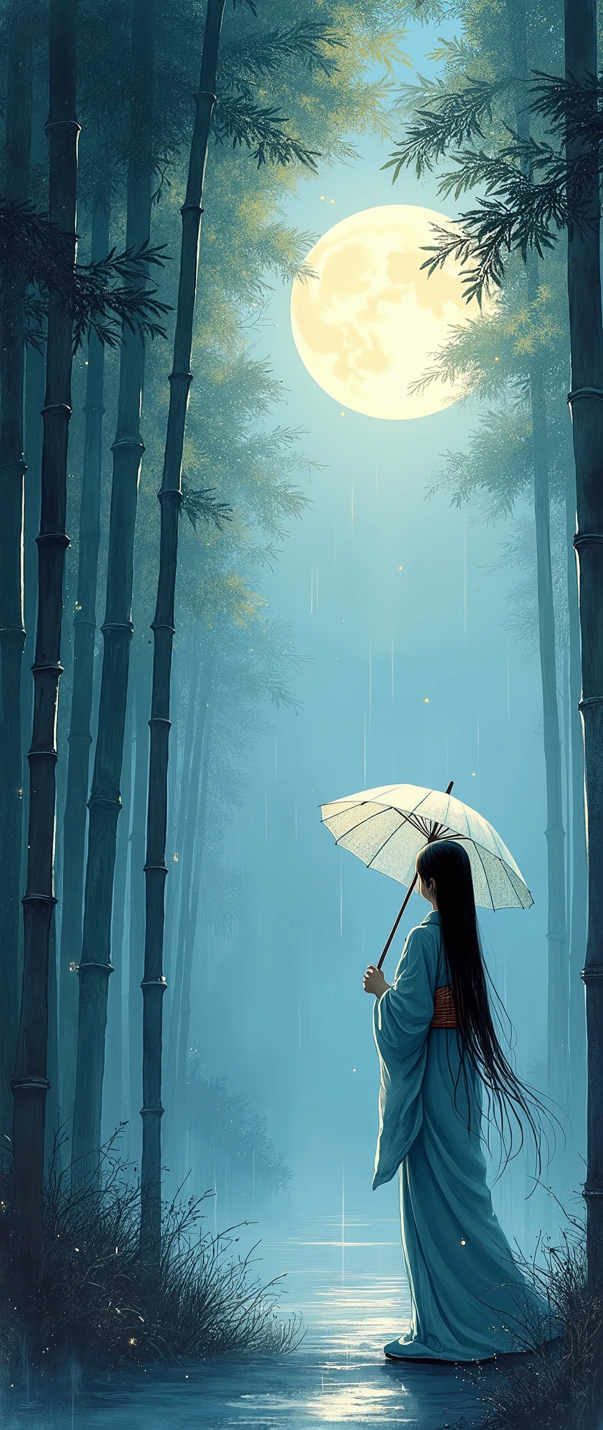dynamic ink painting of a bamboo grove of japan, great art, great sense of depth, ground level shot, the most beautiful bamboo grove in the world, bamboo leaves shining through rainwater, moon\(pale blue\) with a light overcast, beautiful woman\(ancient Japanese noble, beautiful kimono, beautiful long black hair\) looking up at the moon holding an umbrella,raining softly, fireflies flying around, bamboo leaves are placed three-dimensionally in the foreground, long distance shot,colorless,in japan