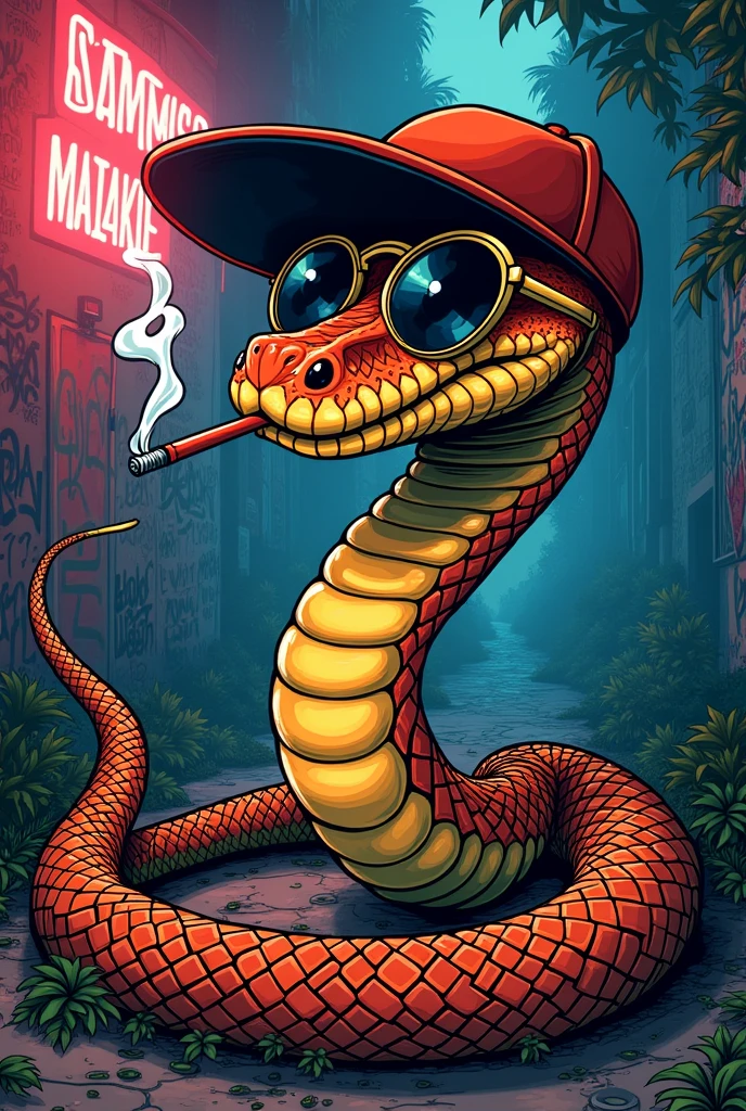 ((drawing)), ((comic art)) a cool snake with golden chains on, a cap and sunglasses. The snake is smoking