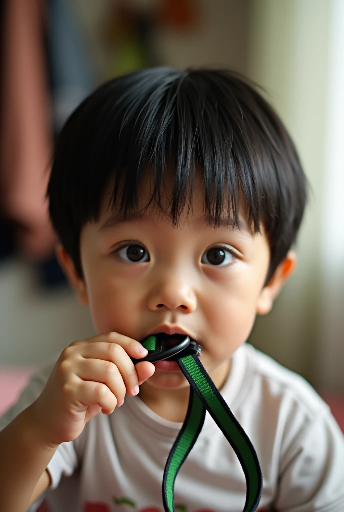 "Generate a close-up image of a young boy, approximately 5-6 years old, with large, deep brown eyes looking directly into the camera. His hair is straight, black, and cut in a bowl style, covering part of his forehead. The boy is wearing a light-colored button-up shirt with a geometric gray-and-white pattern. In his right hand, he is holding a black-and-green lanyard with a USB-type connector near his mouth, as if he is chewing or playing with it. His expression is innocent and curious. The background is indoors with household objects that are slightly out of focus—some clothing is visible on the left side, and a light-colored curtain is partially visible on the right. The lighting is soft, giving a natural, homey atmosphere."