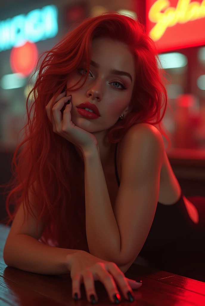 (full body shot:1.7) photorealistic image of a (laying pose:1.3) woman, ultra realistic, photography, long red hair, girl, 24 years old, hourglass figure, perfect body, natural medium breasts, A hyper realistic image, with richness in details, with bright colors in the cyberpunk style, of a 21 year old woman having a drink, with a very sensual and attractive expression, your hands are perfect and detailed, your hair very well detailed, in the blurred background you can see many men looking at her, she loves attention and teasing, hot body, realistic,detailed, smooth, sharp focus , realistic, highly detailed, sharp focus, nsfw.