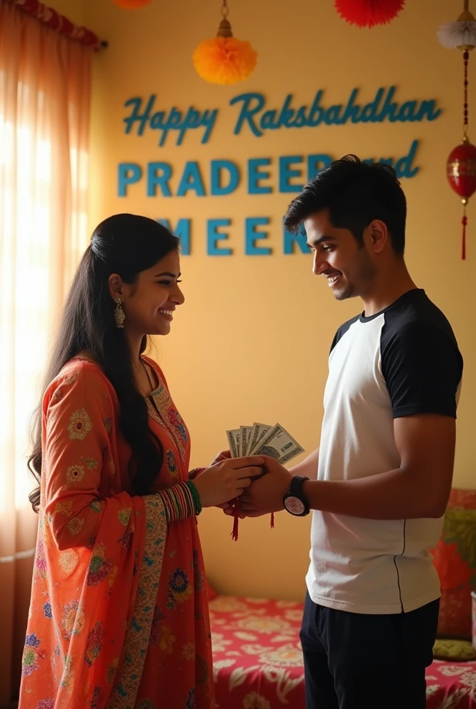 An Indian girl and boy of 18 years have a beautiful house. The girl is making a Rakhi on the boy’s hand on the day of Rakshabandhan. The boy gives Indian money with his hand. The girl is wearing a printed kurti and a dupatta. The boy is wearing a white black T-shirt and black paint. Happy Rakshabandhan PRADEEP and MEERA Blue is written on the wall in the background.Full HD Ultra Quality Images