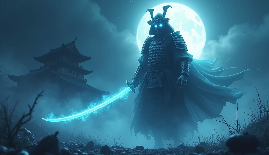 A ghostly samurai warrior with flowing, spectral armor, wielding a translucent katana. His eyes glow with an eerie light as he floats above a misty, moonlit battlefield. The background shows ancient Japanese ruins shrouded in fog, with spiritual energy swirling around. The scene is rendered in a dark, mystical anime style with a strong emphasis on ethereal lighting and atmospheric effects.