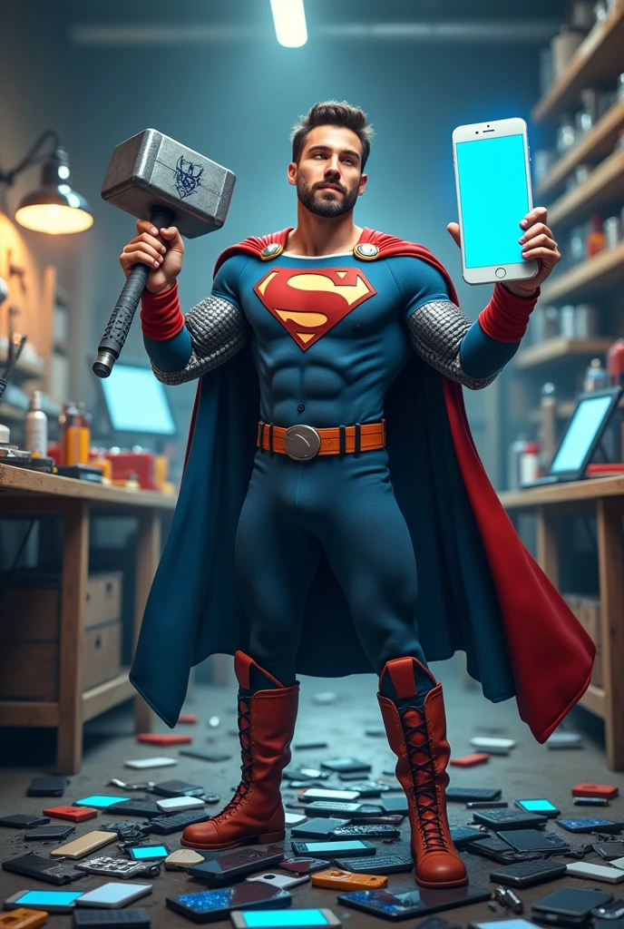 A humorous scene of a superhero-themed iPhone repairman standing in a repair shop. The repairman is dressed in a superhero outfit with a cape made of phone cables, holding a giant screwdriver like Thor's hammer in one hand, and a perfectly repaired glowing iPhone in the other. The background features a cartoon-style repair shop with exaggerated oversized tools and broken iPhones scattered around. The repairman stands triumphantly over a pile of broken phones, giving off a confident and victorious vibe.