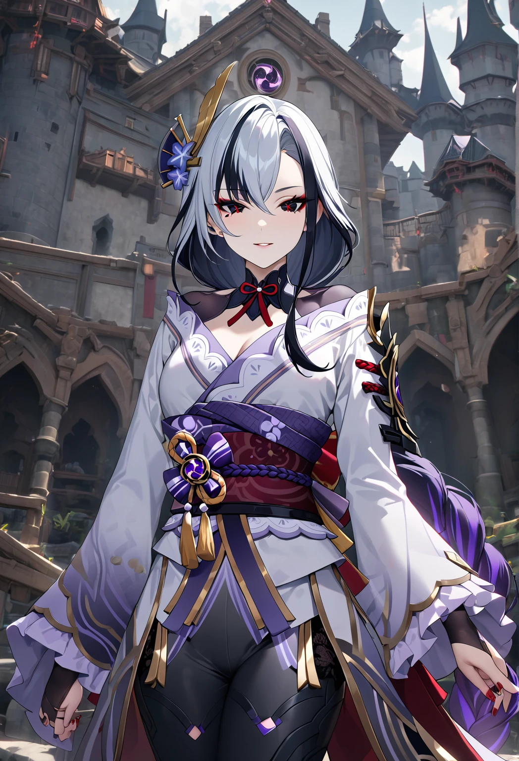 best quality, {masterpiece}, masterpiece,ï¼parted_lips, 8k hd, x-shaped_pupils, looking_at_viewer, cowboy_shot, red_pupils, photorealistic, 1girl, white_coat, highres, smile,(castle),indoors ,from front, black_skin, frilled_sleeves, multiple_rings, solo, red_nails, 1girl, raiden shogun, arlecchino_\(genshin_impact\), ,purple crystal, long_sleeves, (looking at viewer), black_pants ,best qualitymole,detailed background, merging, fusion