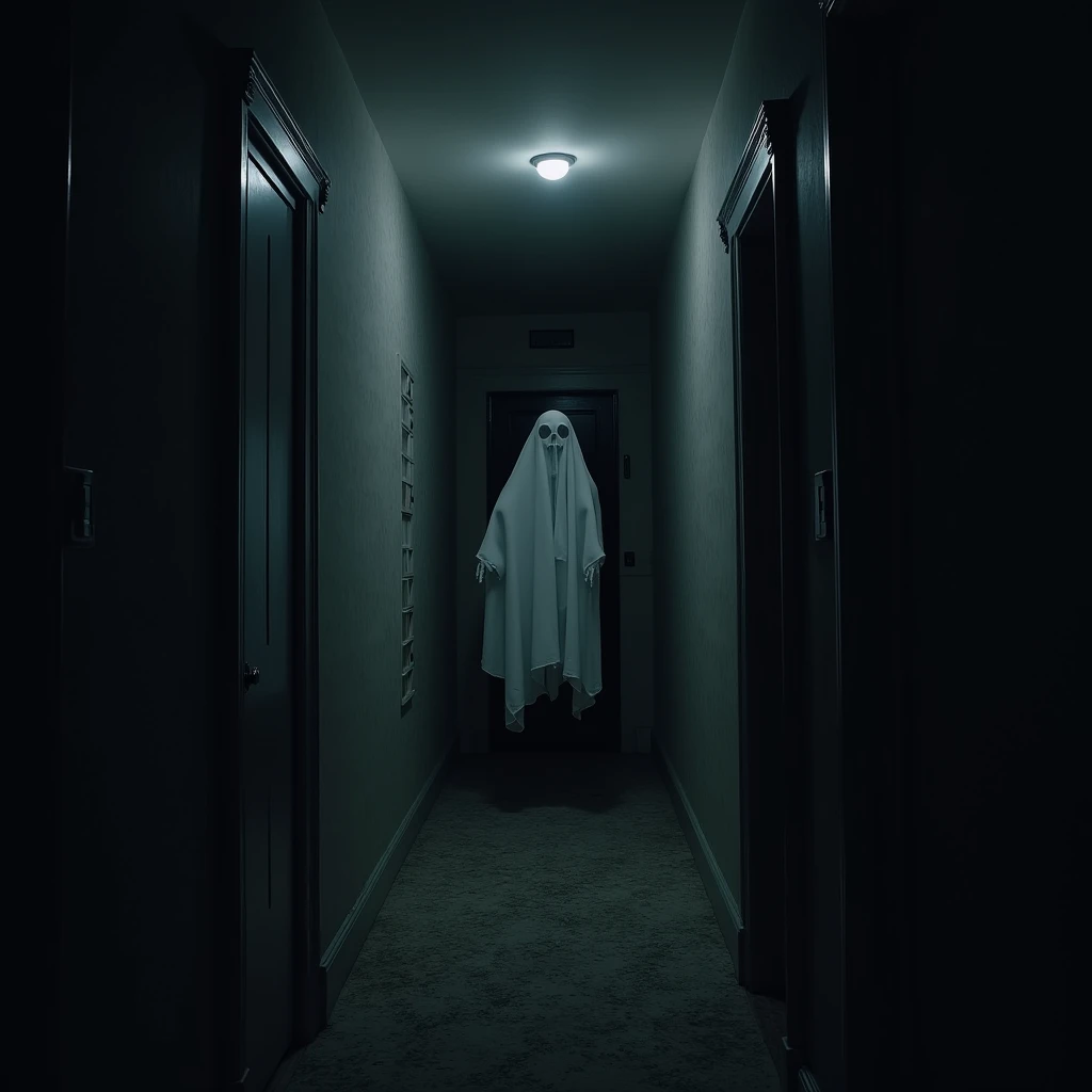 Create a scary house image with a ghost in a dark corner, dimly lit, European house.