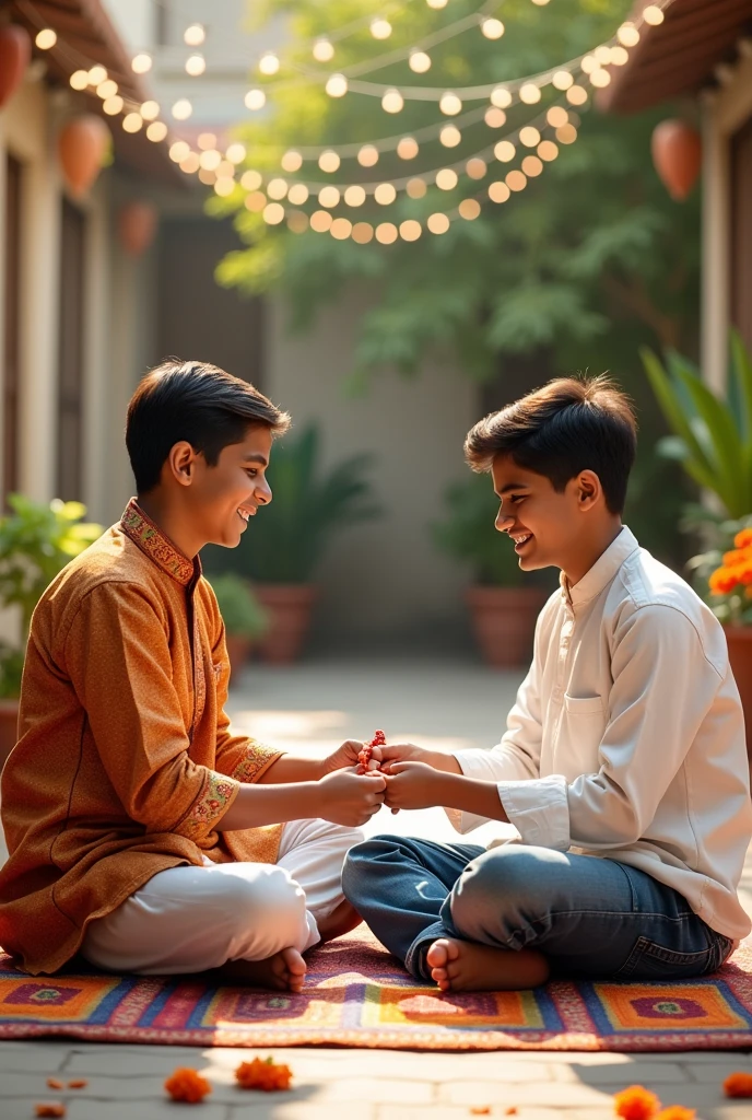 Two Indian guys wearing each other rakhi one Muslim and other hindu and both are 18 years old .