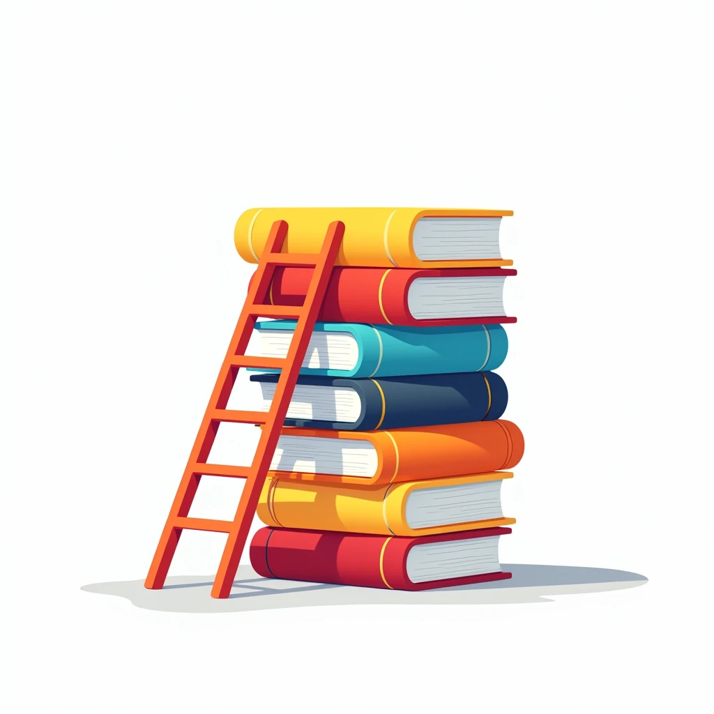 "A flat illustration of a front-facing stack of oversized books in bright, cheerful colors. A small ladder is leaning against the stack, symbolizing the climb towards knowledge. The background is plain with a large area of white space, allowing for easy insertion of text or other design elements related to Education Day. The design is simple, hand-drawn, and perfect for a modern educational theme."