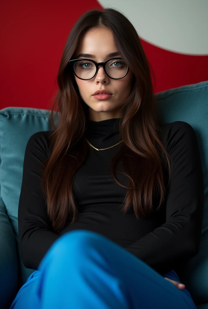 Blue eyes, black dress with blue pant , beautiful Girl,long shiney hair , big breast, red and white wall in background, sitting on Sofa , wearing black glasses
