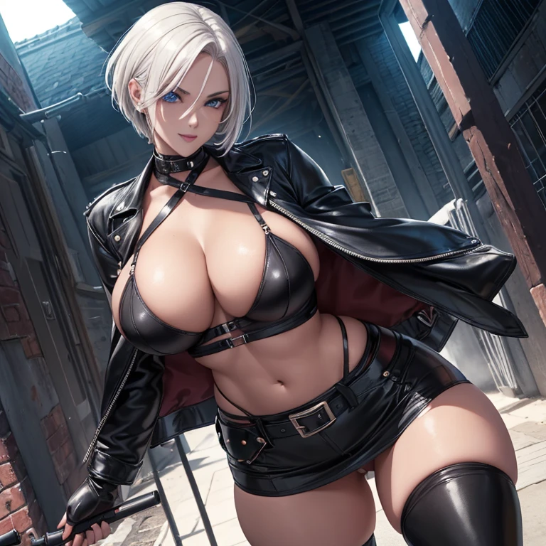 (Beautiful girl.Beautiful white skin.A very muscular, thin body.A well-defined, beautiful six-pack.Sharp eyes.White Hair.Boyish short hair with a center part.I can see your forehead.Beautiful blue eyes.Deep red, intense eye makeup.Dark lipstick.Narrow waist.Very large breasts.Very large breastsの谷間.Beautiful light pink areola.Skin is radiant).(Black leather jacket.Black leather bra with metal accents.Black leather panties.Black long boots with lots of belts.There are lots of piercings.stockings.Uniform cap).(1 Beautiful Girl.Midnight Ruins.I'm walking alone..Her hair is blowing in the wind..Smiling thinly.The eyes are narrowed)Perfect Face.Accurate human body.Accurate five fingers.High resolution.It's dynamic.Whole body image