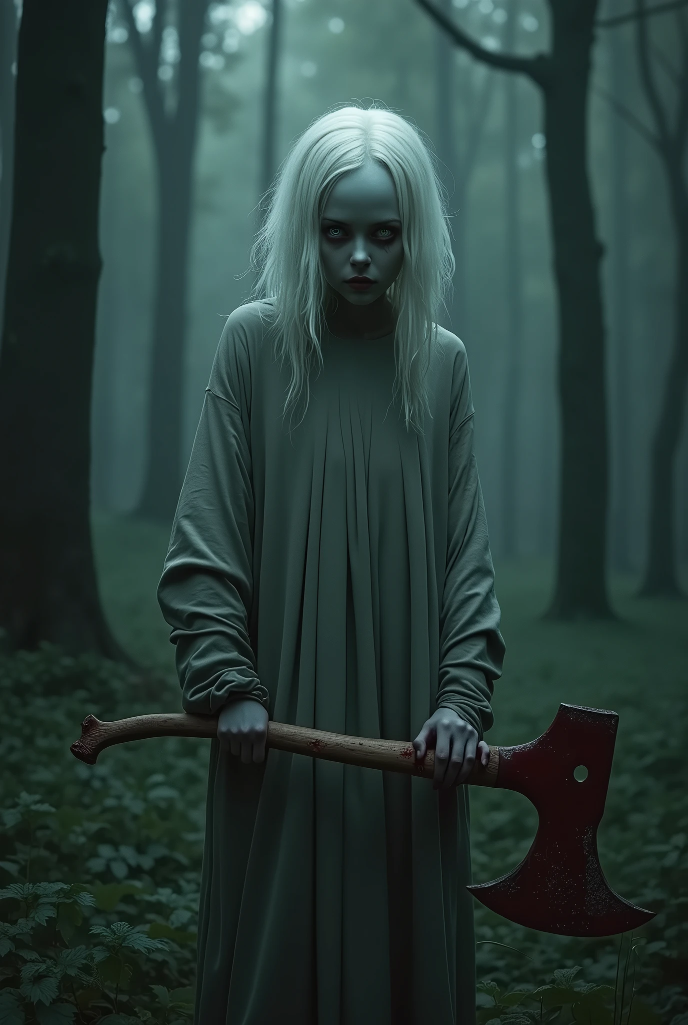 Create a surreal and psychologically unsettling creature that instills fear not because it is terrifying, but due to its uncanny appearance. The creature has the body of a very pale girl. The head should be unnervingly realistic, with vibrant, white hair and a slanted eyes that seem to watch with an almost sentient awareness. The body should be slightly distorted in a way that feels unnatural, adding to the discomfort. The creature body obscured by the shabby grey robe, should be slightly distorted in a way that feels unnatural, adding to the discomfort. The creature holds a giant bloody axe. The setting is an eerie, dimly lit forest where the creature is blending into the shadows, creating an unsettling atmosphere that plays on the viewer's mind