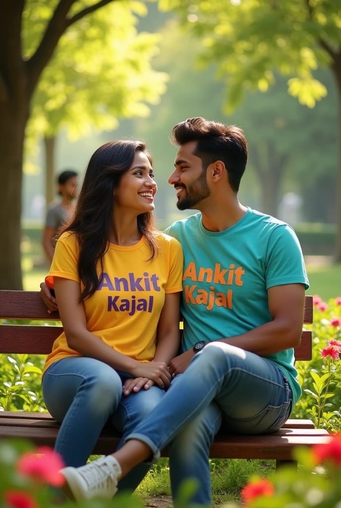Girlfriend and boyfriend sitting in park name "ankit" and "kajal " on t-shirt and sad boy watching from behind