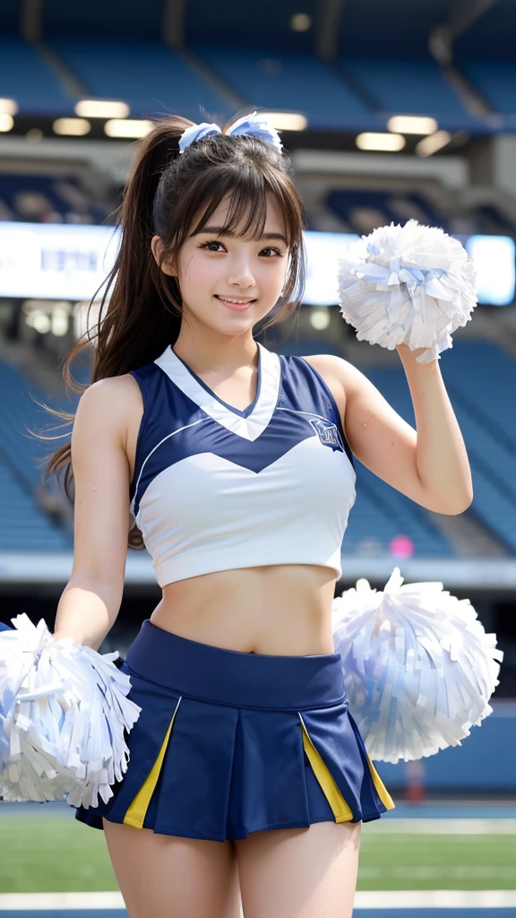 Product quality,1 girl,Cheerleader,Cowboy Shot,Young and cute Japanese,20-year-old,((Stadium Background:1.2)),(Holding big pom-poms in both hands:1.5),smile, cheer leading,Cheerleaderuniform,Ultra Short Short Pleated Mini Skirt,Very cute face,Baby Face,Glossy Lips,(Beautiful big eyes),Gray Eyes,Double eyelids on both eyes,(Natural Makeup),shiny smooth light brown long hair,,Asymmetrical bangs,Floating Hair NovaFrog Style,Center image,8k resolution,Attention to detail,Detailed hairstyle,Detailed face,Cinema Lighting,Octane Rendering,Ultra-realistic,(Glowing Skin, Sweaty:1.3)Perfect limbs,Beautiful legs,Voluptuous thighs,Huge breasts,(Expresses the roundness and softness of the chest area..........1),Perfect Anatomy,((cheer dance pose:1.3))