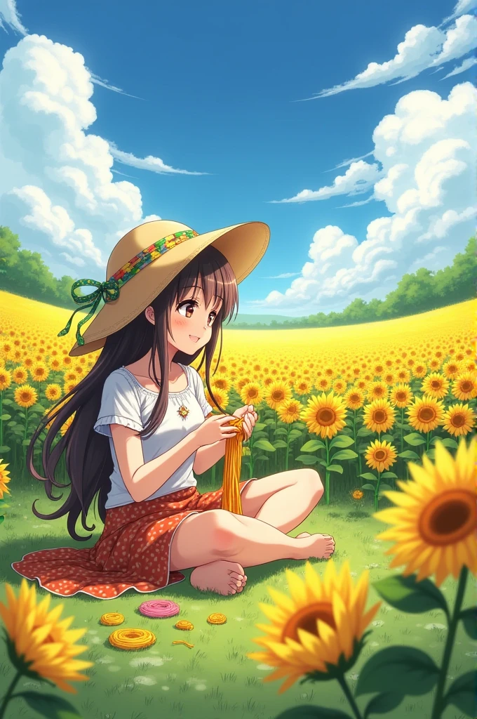 An anime girl with a straw hat crocheting in a sunflower field 