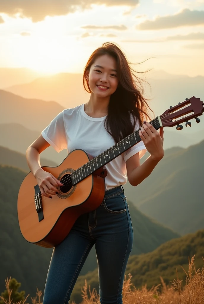 Best quality,Beautiful Korean woman in her 30s, pretty face,senyum tipis.rambut panjang, wearing a fashion t-shirt, celana jins panjang.and play folk guitar. standing on the top of the mountain.
INFORMATION
