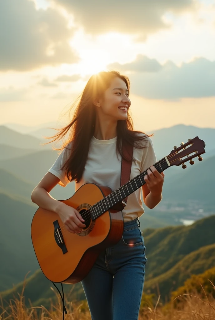 Best quality,Beautiful Korean woman in her 30s, pretty face,senyum tipis.rambut panjang, wearing a fashion t-shirt, celana jins panjang.and play folk guitar. standing on the top of the mountain.

INFORMATION
