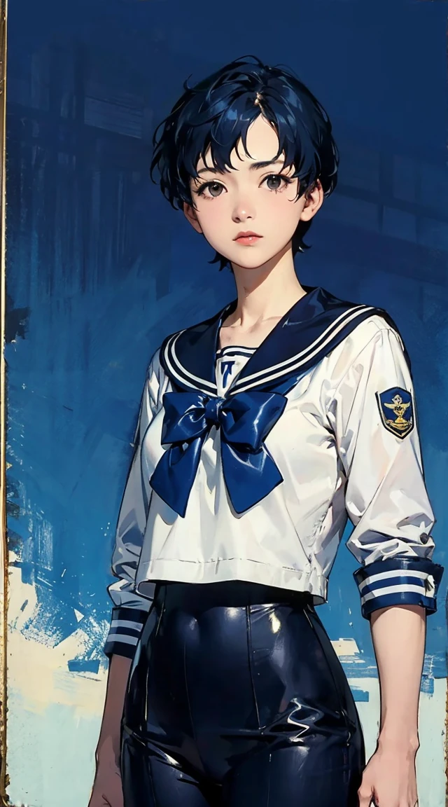(masterpiece), (highest quality), Realistic, Cinematic Light, Mizuno Ami, Sailor Mercury, stand, Battlefield Background, Perfect body, Blue Hair, uniform  