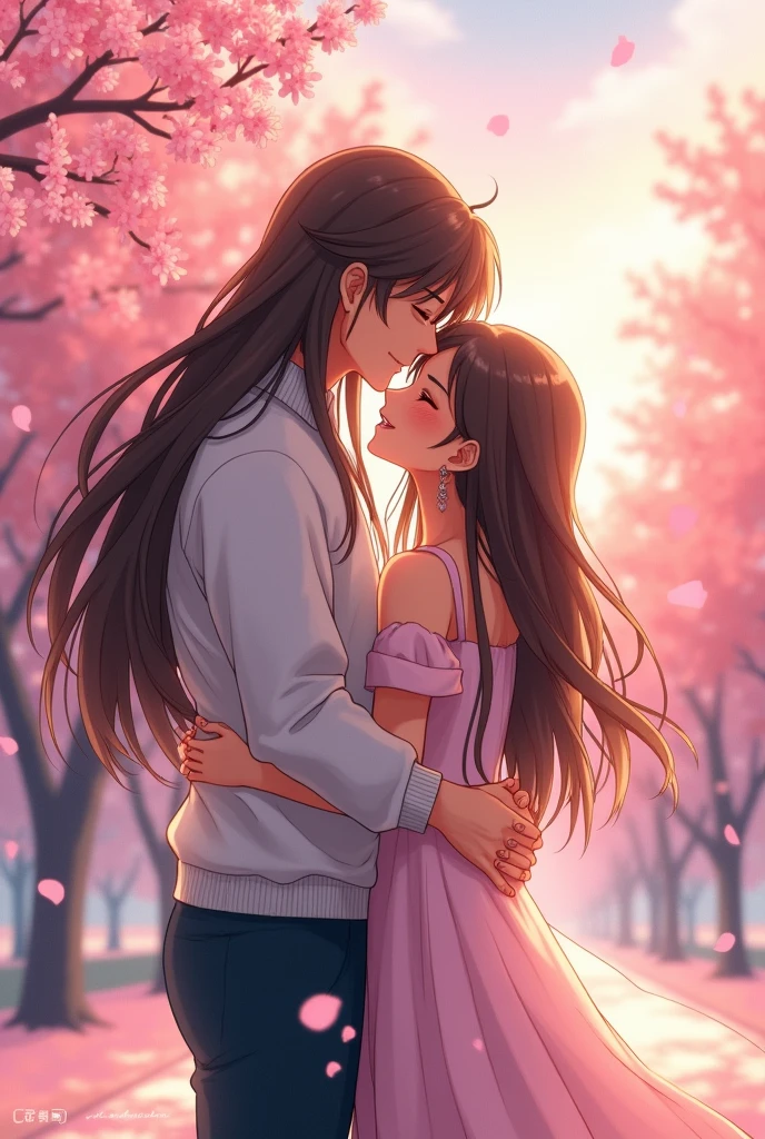 Make a man with long long brown hair hugging his cute girlfriend with long brown hair , make it in anime style man with long hair