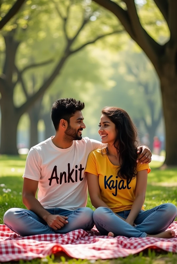 Girlfriend and boyfriend sitting in park name "ankit" and "kajal " on t-shirt  