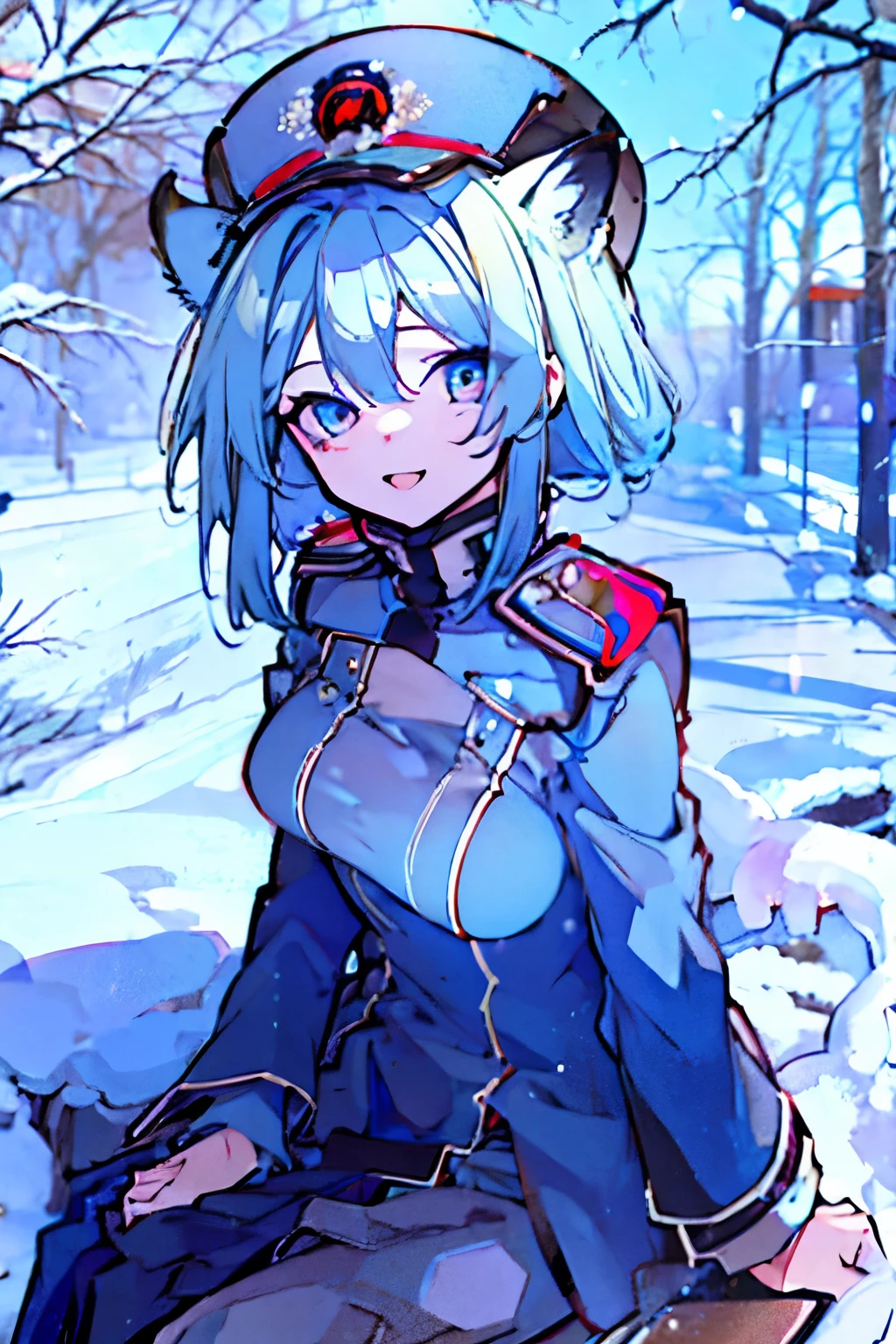 Blue eyes, light blue hair, animal ears growing on the head, hat, long sleeves, smiling, military uniform, sitting, abandoned school, snow