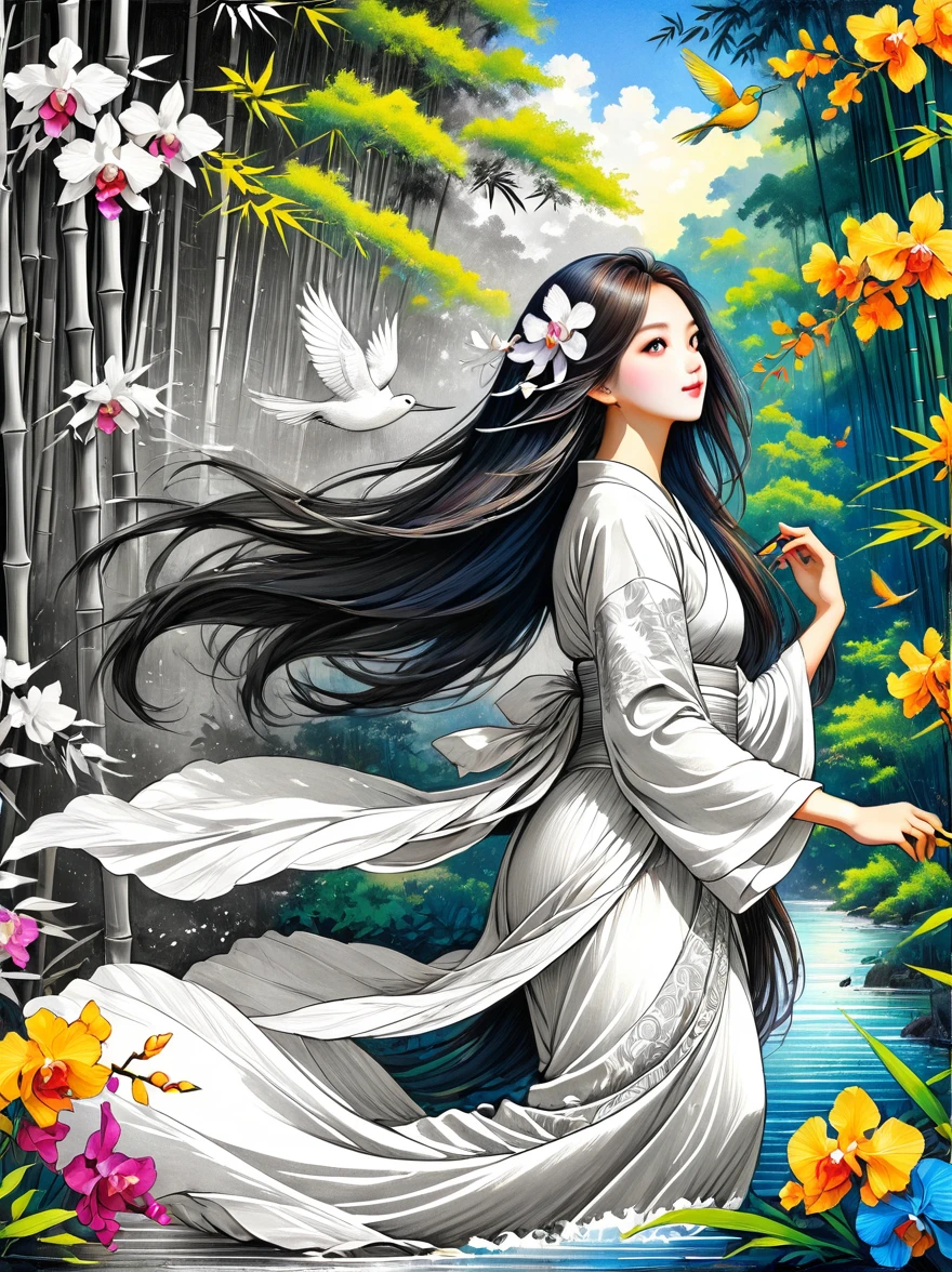 One beautiful female dancer, Floating clothes, Flowing long hair,Dynamic poses,

((bamboo forest))，[[[orchid]]]，[[[bird]]]，Works should be rendered in pencil sketch style，Transition from black and white on the left half to bright colors on the right half，Ensure seamless integration between the two halves，No dividing line，The scene is the same on both sides，Black and white pencil detail on left side，Right fill color，The mixture formed in the whole image，Perfect details, Strong contrast between light and dark