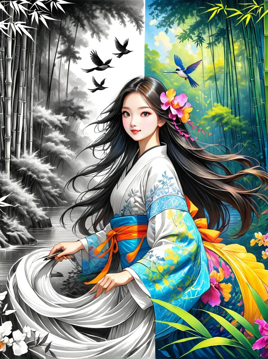 One beautiful female dancer, Floating clothes, Flowing long hair,Dynamic poses,

((bamboo forest))，[[[orchid]]]，[[[bird]]]，Works should be rendered in pencil sketch style，Transition from black and white on the left half to bright colors on the right half，Ensure seamless integration between the two halves，No dividing line，The scene is the same on both sides，Black and white pencil detail on left side，Right fill color，The mixture formed in the whole image，Perfect details, Strong contrast between light and dark